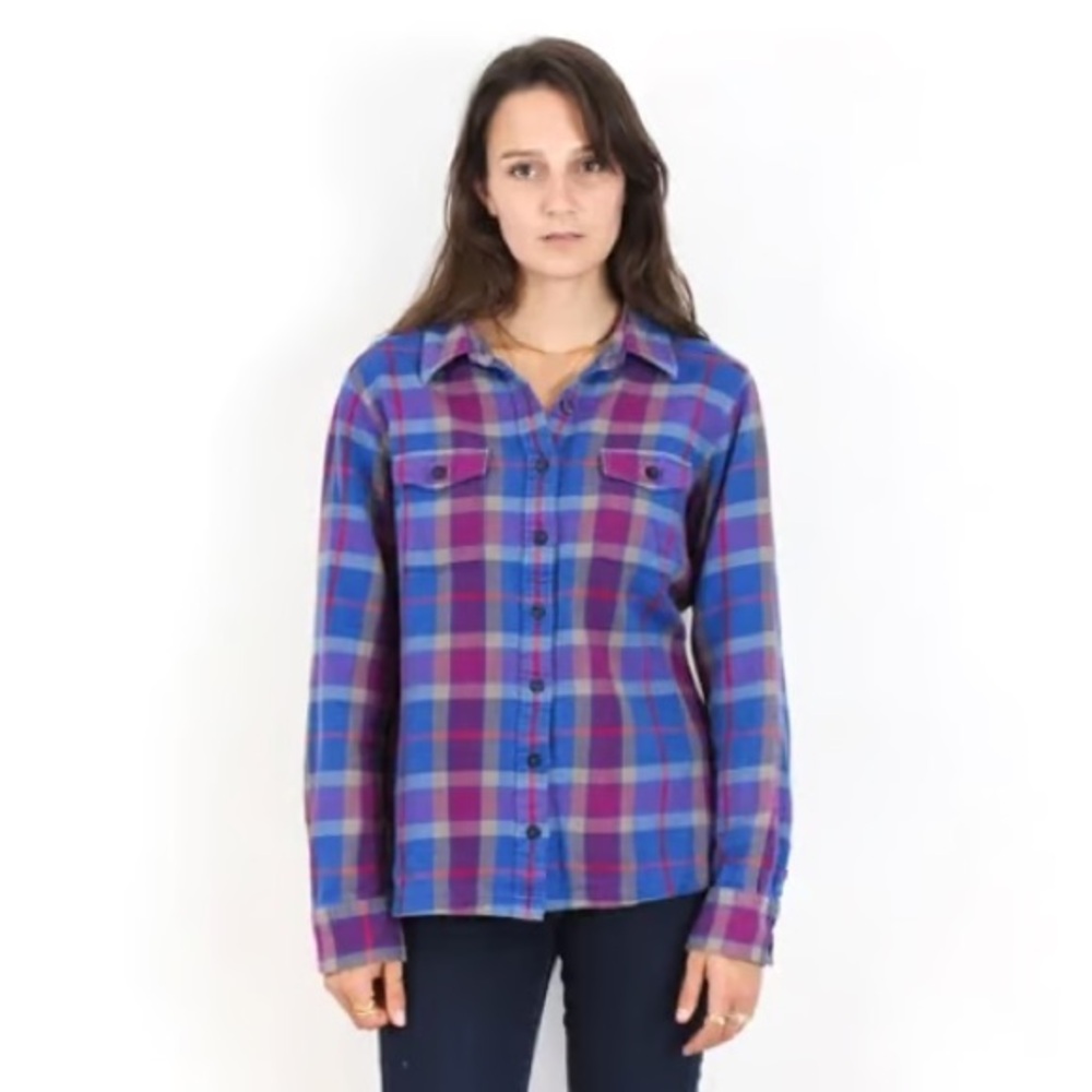 Patagonia Purple Blue Plaid Cotton Button Up Long Sleeve Fjord Flannel Shirt